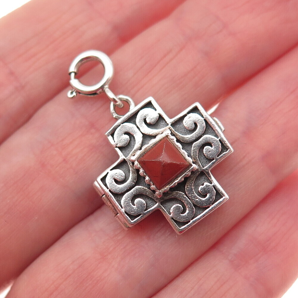 925 Sterling Vintage Real Red Jasper Cross Spring Ring Lock Locket Charm Pendant